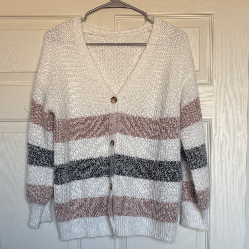 SHEIN White, Pink, and Gray Striped Cardigan